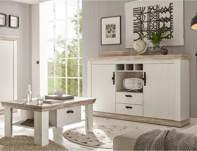 Produktbild von Sideboard & Couchtisch Set FERNA-61 Nachbildung Pinie weiß und Oslo dunkel Nb. im Landhaus-Design B/H/T ca. 168x104x44 cm