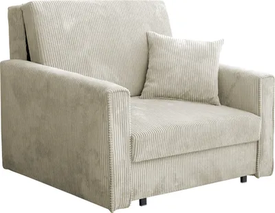 A beige corduroy sofa bed with a single throw pillow.