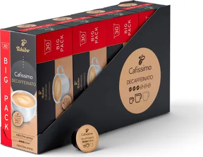 Produktbild von Tchibo Cafissimo Caffè Crema entkoffeiniert Kaffeekapseln, 120 Stück – 4x30 Kapseln (Kaffee, mild mit feinem Aroma), nachhaltig & fair gehandelt