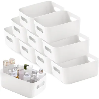 Productafbeelding van Opbergboxen van kunststof, 10 stuks, 30x20x12 cm, wit, met witte handgreep van 30 cm