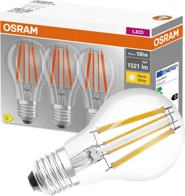 Produktbild von OSRAM LED BASE Classic A100, klare Filament LED-Lampen aus Glas für E27 Sockel, Birnenform, Warmweiß (2700K), 1521 Lumen, Ersatz für herkömmliche 100W-Glühbirnen, 3er-Box