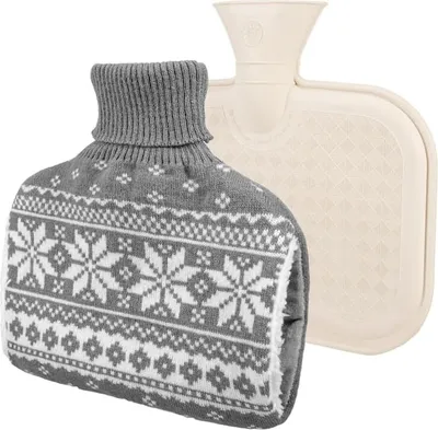 Produktbild von Wärmflasche mit Bezug 1L Wärmflasche Abnehmbare und waschbare Strickbezug für Wärmflasche Hot Water Bottle Geschenk für Erwachsene & Kinder(Grau)