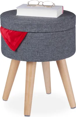 Image de Pouf Relaxdays avec fonction table, assise rembourrée, espace de rangement, H x P : 45,5 x 37 cm, tissu, pieds en bois, gris/naturel