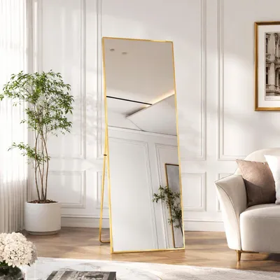 Obrázek produktu pro Zrcadlo na celé tělo, rozměry 140 x 50 cm, možnost instalace jako nástěnné, volně stojící nebo opěrné, rám z pozlaceného hliníku