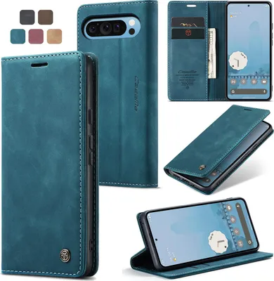 Image de Caseme Housse en cuir pour téléphone portable Housse à rabat Etui pour Google Pixel 9 Pro XL / 10 Pro XL Bleu cyan foncé