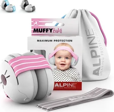 A product shot of Alpine MuffyBaby ear defenders for infants, displayed with its packaging and accessories.