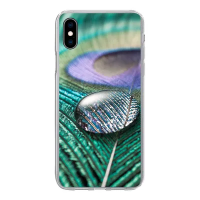 Produktbild von MuchoWow® Handyhülle Schutzhülle Hülle für iPhone Xs Nahaufnahme eines Wassertropfens auf einer Pfauenfeder Silikon Softcase Handy Hülle - Handytasche