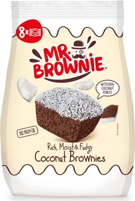 Zdjęcie produktu dla Mr. Brownie 8411037892315, Ciasteczkowy, Kokos, Czekolada, Czekolada, Do jajek, Gluten, Soja, Kwadrat, Olej palmowy, Sztuczny kolor, Sztuczny smak