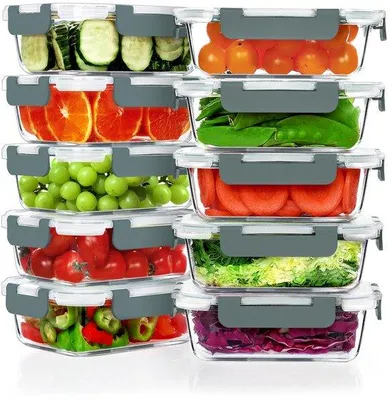 Image de Lot de 10 boîtes à lunch en verre de 650 ml, hermétiques, sans BPA, grises, adaptées au micro-ondes