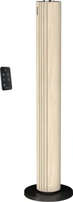 A floor fan with a remote control on a white background.