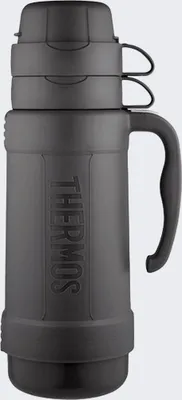 A black Thermos flask with a handle and two cups on top, set against a light gray background.