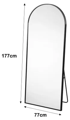 Obrázek produktu pro Zrcadlo na celé tělo – oblé stojací zrcadlo – lze umístit samostatně nebo připevnit na zeď – kovový rám – sklo – minimalistický moderní design – černá barva, rozměry 177 × 77 cm