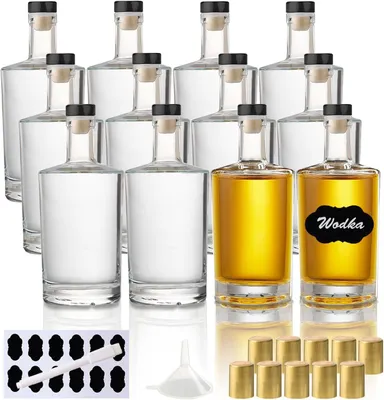 Produktbild von Glasflaschen mit 100 ml zum Befüllen – Set mit 12 – Kleine Flaschen mit Korkverschluss – Schrumpfkappe – Trichter – Etiketten – Leere Likörflaschen