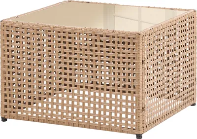 Produktbild von BELIANI Couchtisch Beige PE-Rattan Geflochten Quadratisch 66x66 cm mit Glasplatte Modernes Design Beistelltisch für Outdoor Garten Balkon Terrasse
