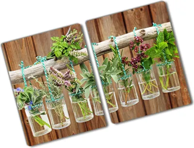 Produktbild von Tulup Glas Herdabdeckplatte - 2x40x52 cm - Glaskeramikkochfeld-Abdeckung Spritzschutz Glasabdeckplatte Kochplattenabdeckung und Schneidebrett - Zweiteilig - Blumen & Pflanzen - Kräuter in Gläsern - Grün