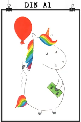 Produktbild von Mr. & Mrs. Panda Bild Einhorn Luftballon DIN A1 - Weiß - Geschenk, drucke, wanddeko, Deko, Einhörner, Wandbild, Geld, Unicorn, Freude, Wanddekoration