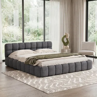 Produktbild von INONEFT Polsterbett Bubble Bett 140x200cm, Doppelbett mit Lattenrost, Jugendbett mit gepolstertem Kopfteil und Rückenlehne, Leinen, Grau