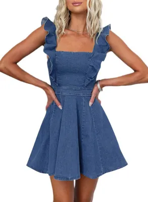 Produktbild von utcoco Jeanskleid für Damen, Rüschen, Verstellbarer Träger, ärmellos, rückenfrei