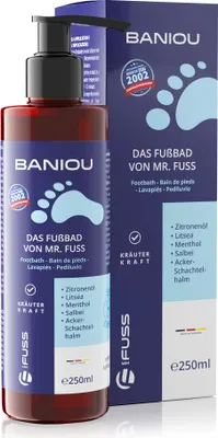 Produktbild von Mr. Fuss® BANIOU Fußbad Badezusatz mit wertvollen Kräutern, enthält feine, natürliche Badeöle.  Fusspflege Schaumbad & Entspannung mit SPA Effekt 250ml