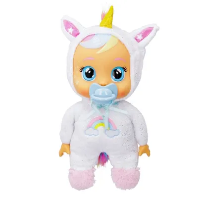 A unicorn-themed baby doll with a pacifier.