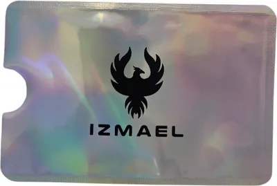 A silver holographic card holder with a black phoenix logo and the brand name 'IZMAEL' printed on it.