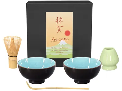 Produktbild von Matcha Set / Matchaset / 2x Matcha Schale 250ml, himmelblau mit Besen/Löffel/Halter in Geschenkbox