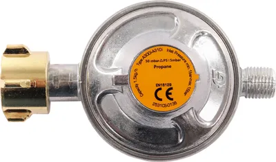 Produktbild von Gasdruckregler 50 mbar, Niederdruckregler Druckminderer - ideal für Gasgrills, Heizstrahler, Hockerkocher, Gaskocher, Lampen, uvm.