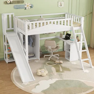Produktbild von MODFU Etagenbett, Kinderbett, 90x200cm,mit Fallschutzgitter, mit Tisch und Kleiderschrank, Reichlich Stauraum, Mit vierstufiger Leiter, Kiefer+MDF+Sperrholz, Weiß, mit matratze