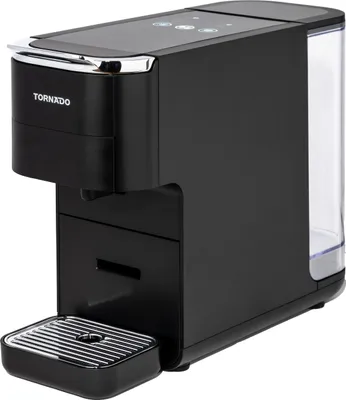 A black capsule coffee maker with a clear water tank is shown from a side-angle.