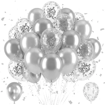 Productafbeelding van Set van 60 zilveren latex ballonnen met confetti en metallic glans