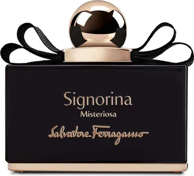 A black bottle of Salvatore Ferragamo Signorina Misteriosa perfume with gold accents and a black ribbon.