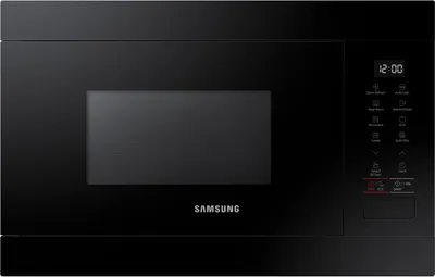 A black Samsung microwave oven is shown from the front.