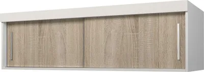 A floating cabinet with two sliding doors in a wood grain finish and a white frame.