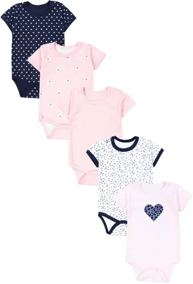 Produktbild von TupTam Mädchen Baby Body Kurzarm in Unifarben - 5er Pack, Farbe: Dunkelblau Blumen Hellrosa Herzen Aprikose Bären , Größe: 98