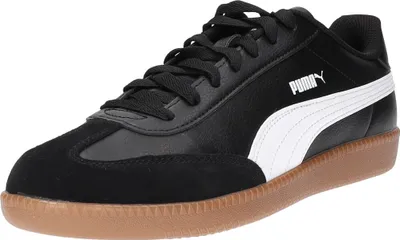 A black Puma sneaker with white accents and a gum sole is shown against a white background.