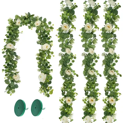 Productafbeelding van Kunststof eucalyptuskrans, 180 cm, groen met witte bloemen, 4 stuks