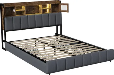 Obrázek produktu pro UnboxG Čalouněná postel 140x200cm s LED diodami, zásuvkovými lištami USB a 4 zásuvkami, manželská postel pro mladé s roštovým rámem, dřevěná postel s úložným prostorem, klasická postel, povlečení