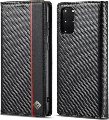 Image de Etui pour Samsung Galaxy S20 FE Etui en cuir carbone avec porte-cartes, aimant et support noir Vertical rouge