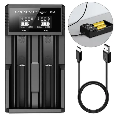A battery charger with a USB cable and a close-up view of batteries being charged.
