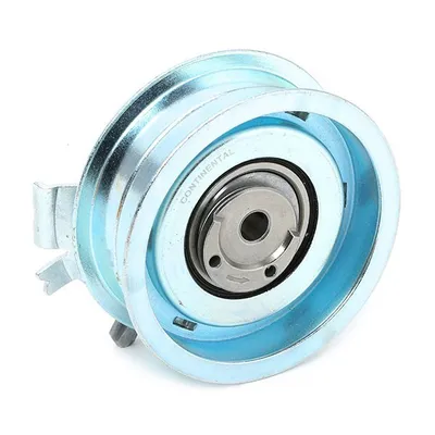 A close-up studio shot of a silver automotive belt tensioner pulley with a blue tint.