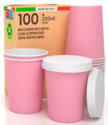 100 rosa Pappbecher 200 ml mit Deckel, Einwegbecher für heiße & kalte Getränke