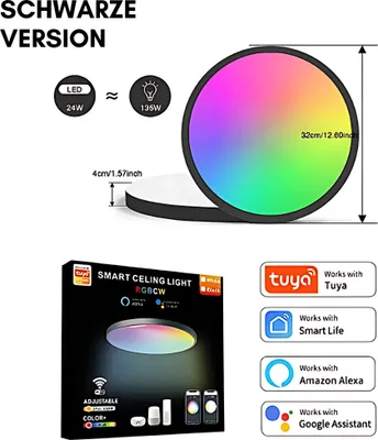 Produktbild von LED Deckenleuchte Schwarz Dimmbar RGB Deckenlampe mit Fernbedienung Bluetooth WIFI APP Steuerung Alexa Google Steuerung Wohnzimmer Schlafzimmer