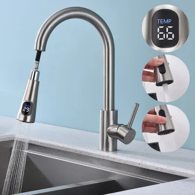 Produktbild von Homelive Wasserhahn mit Display,Armatur Küche mit Brause Zwei Wasserstrahlarten,Küchenarmatur Einhebel,Mischbatterie Küche 360°Schwenkbar Edelstahl