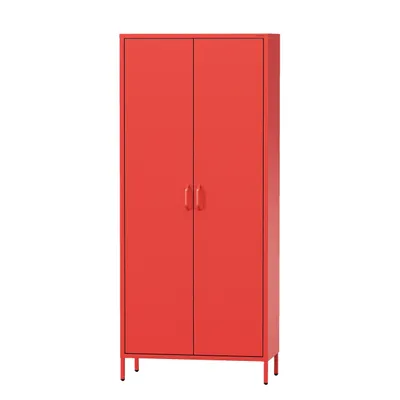 A tall, red metal wardrobe with two doors and thin metal legs, shown against a white background.