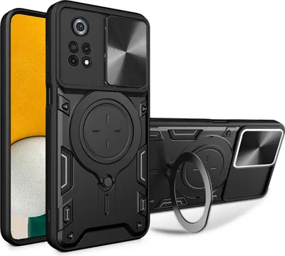 Produktbild von Handyhülle für Xiaomi Poco X4 Pro 5G Dual-Layer Stoßfest Rüstung Hülle mit Dia Kameraschutz und Kreisförmig Ring Ständer Schwarz