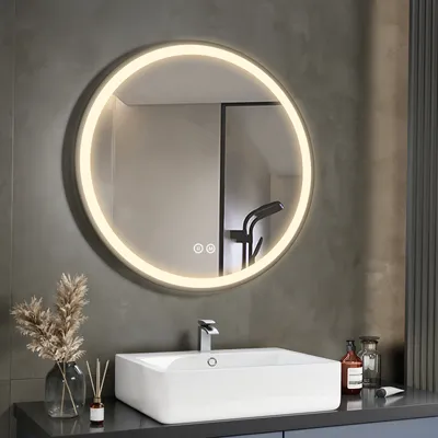 Image de Miroir rond Heilmetz 50 cm pour salle de bain avec éclairage, miroir mural à intensité variable, 3 couleurs de lumière LED, avec interrupteur tactile et cordon de suspension