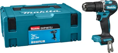 A cordless drill and its carrying case are shown side-by-side against a white background.