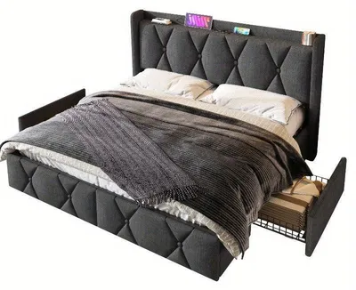 Image de Lit double 140x200 – Lit avec coffre de rangement intégré – Inclus matelas et sommier – Gris