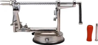 Imagen del producto de Pelador y descorazonador de manzanas, fabricado en acero inoxidable 304, con manivela manual y mango de madera, ideal para frutas, verduras y patatas