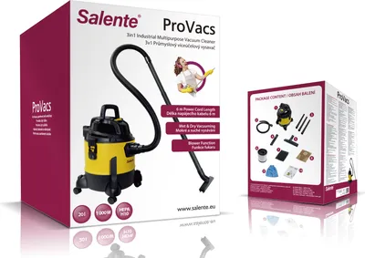 The image shows the packaging of a Salente ProVacs industrial vacuum cleaner and blower, along with a smaller box displaying package contents.